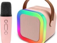 Pink Portable Bluetooth Speaker with Wireless Mic, RGB LED Party Light, Heavy Bass Karaoke Speaker, Rechargeable Battery, Portable Handle, Wireless Mic for Kids & Adults, Home & Outdoor Party