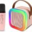 Pink Portable Bluetooth Speaker with Wireless Mic, RGB LED Party Light, Heavy Bass Karaoke Speaker, Rechargeable Battery, Portable Handle, Wireless Mic for Kids & Adults, Home & Outdoor Party