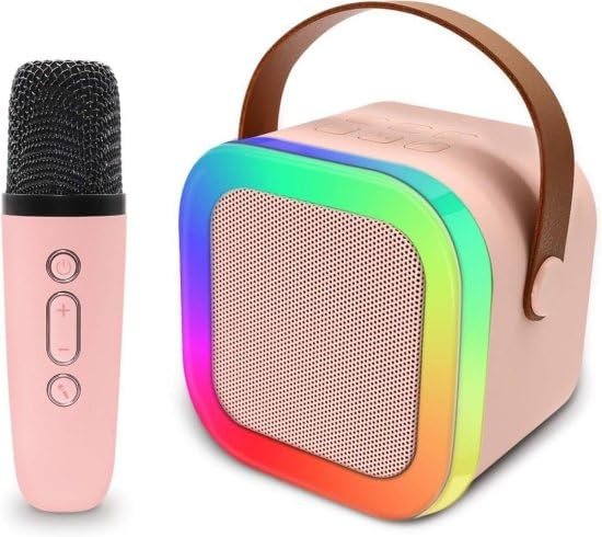 Pink Portable Bluetooth Speaker with Wireless Mic, RGB LED Party Light, Heavy Bass Karaoke Speaker, Rechargeable Battery, Portable Handle, Wireless Mic for Kids & Adults, Home & Outdoor Party