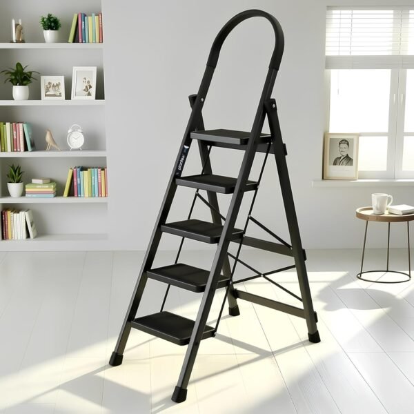 Plantex Ladder for Home 5 Steps/Foldable Ladder with Anti-Skid Wide Steps (30L x 20W cm)/Strong D-Shape Pipe with X-Support for More Stability/5 Year Warranty(Apex-Black)