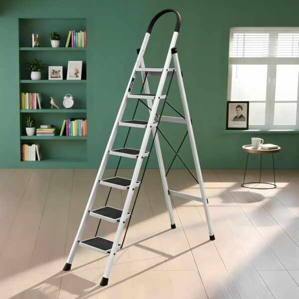 Plantex Ladder for Home 7 Steps/Foldable Ladder with Anti-Skid Wide Steps (30L x 20W cm)/Strong D-Shape Pipe with X-Support for More Stability/5 Year Warranty(Apex-White)