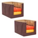 PrettyKrafts 2 Pcs Non Woven Shirt Stacker/Cloth Organizer for Storage/Closet & Wardrobe Organizer for Storage/Foldable Shirt Organizer Cloth Storage Box (Beige & Brown, 26x40x26 cm)