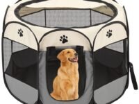 Qpets® Foldable Pet Playpen Breathable Indoor Pet Fence Pet Enclosure with Mesh Window for Cat Dog Movable Pet Delivery Room Detachable Zipper Mesh Shade Cover (114*114*58CM)