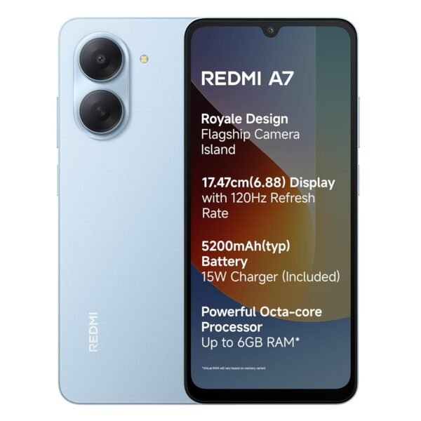REDMI A7 4G (Sky Blue, 3 GB RAM, 64GB Storage) | Large 17.48cm (6.88) Smooth 120Hz Display | 5200mAh 2-Day Battery | Royale Design | Charger in the Box