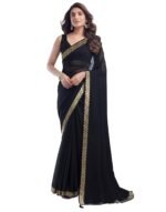 SIRIL Women's Georgette Lace Boarder Saree With Unstitched Blouse Piece