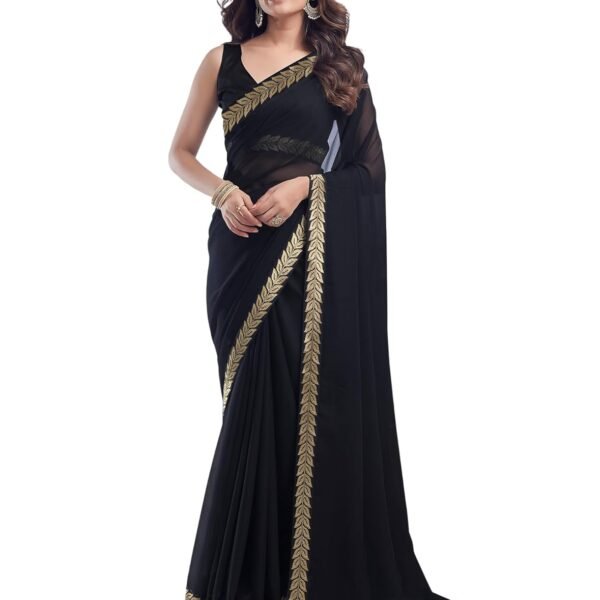 SIRIL Women's Georgette Lace Boarder Saree With Unstitched Blouse Piece