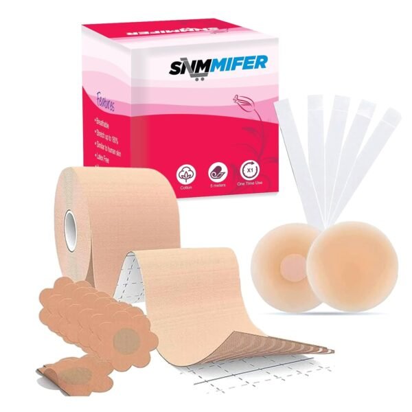 SNMMIFER Boob Tape Kit - Instant Boob Tape with 10 Nipple Pasties for Fashion with 36 Strips Double Sided Tape for Clothes &1 Pair Reusable Nipple Cover for Women (Beige)