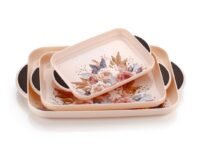 SORATH Celebration Flower Printed Rectangular Serving Tray Set Plastic Material Glossy Finish Bpa Free Tray With Handle For Tea,Coffee,Snack,Kitchen & Dining Table Home Décor (Rose Pink, Set Of 3)