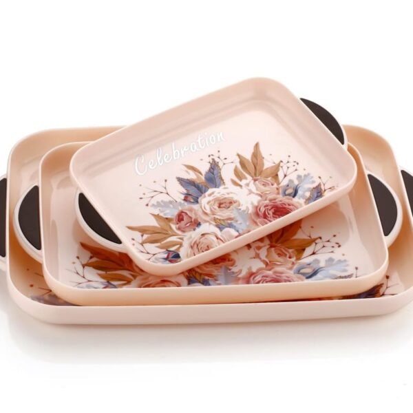SORATH Celebration Flower Printed Rectangular Serving Tray Set Plastic Material Glossy Finish Bpa Free Tray With Handle For Tea,Coffee,Snack,Kitchen & Dining Table Home Décor (Rose Pink, Set Of 3)