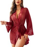 SSoShHub Women Lace Kimono Robe Babydoll Lingerie Mesh Chemise Nightgown Cover Up Robe with Panty