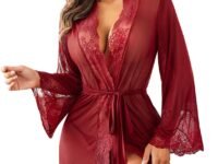 SSoShHub Women Lace Kimono Robe Babydoll Lingerie Mesh Chemise Nightgown Cover Up Robe with Panty