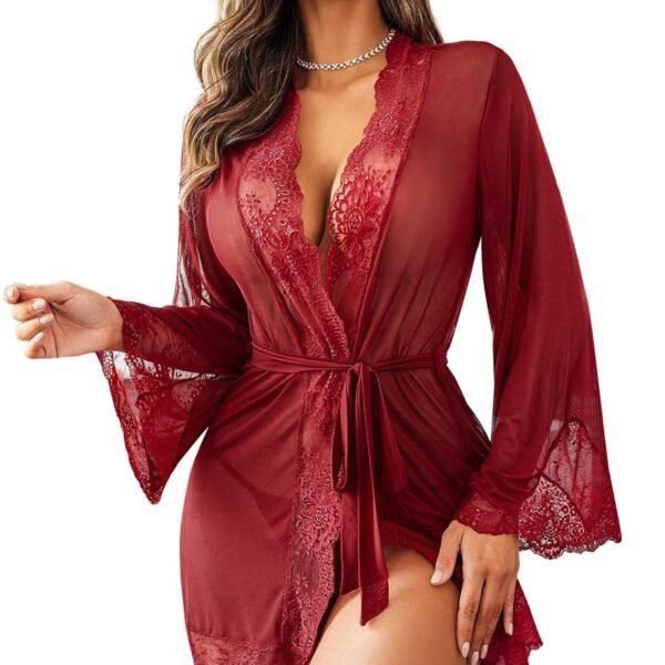 SSoShHub Women Lace Kimono Robe Babydoll Lingerie Mesh Chemise Nightgown Cover Up Robe with Panty