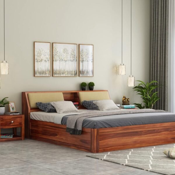 STRATA FURNITURE Sheesham Wood King Size Bed with Box Storage Wooden Double Bed Cot Bed Furniture for Bedroom Living Room Home (Honey Finish)