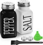 Salt & Pepper Shakers – Glass Seasoning Bottles with Stainless Steel Lids, Funnel & Brush, Black & White Spice Dispenser Set for Kitchen & Dining