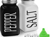Salt & Pepper Shakers – Glass Seasoning Bottles with Stainless Steel Lids, Funnel & Brush, Black & White Spice Dispenser Set for Kitchen & Dining