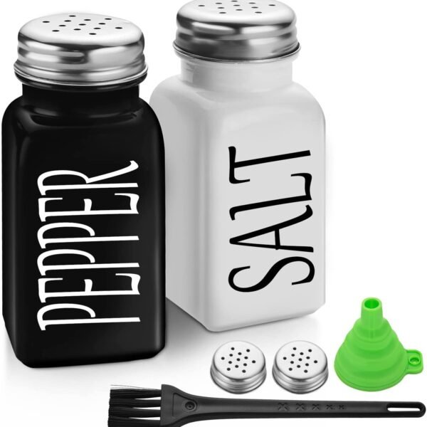 Salt & Pepper Shakers – Glass Seasoning Bottles with Stainless Steel Lids, Funnel & Brush, Black & White Spice Dispenser Set for Kitchen & Dining