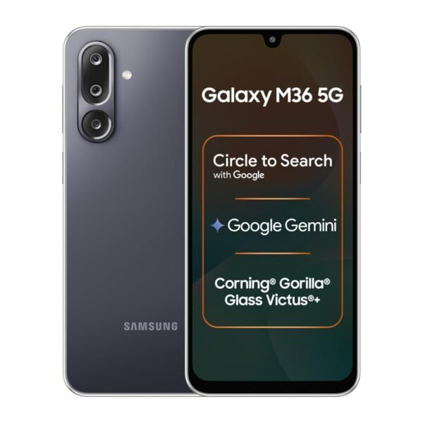 Samsung Galaxy M36 5G Mobile (Velvet Black, 8GB RAM, 256GB Storage) | Google Gemini| Gorilla Glass Victus+ | 7.7mm | AI Enhanced 50MP OIS Triple Camera| Nightography| Lag-free Gaming | Without Charger