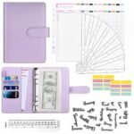 Sinbyuer File Folder Ring Binder Notebook Set, A6 PU Leather Binder Clip with Envelopes, Budget Sheets, Label Stickers, 1 Ruler, Ring Binder Clip Stationery Supplies (Purple)