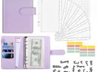 Sinbyuer File Folder Ring Binder Notebook Set, A6 PU Leather Binder Clip with Envelopes, Budget Sheets, Label Stickers, 1 Ruler, Ring Binder Clip Stationery Supplies (Purple)