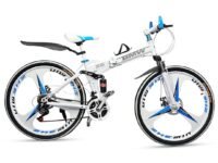 Skyride BMV X6 Foldable Cruiser Bicycle | 26-Inch White Bike with 21-Speed Gears, Dual Disc Brakes, Hydraulic Suspension, and Strong Carbon Steel Frame | Great for City Rides and Off-Road Adventures