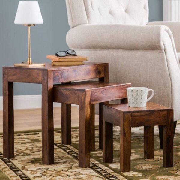 Solid Sheesham Wood Nesting Table Set of 3 Stools Bedside Table Sofa Side Table Nightstand End Table for Living Room Bedroom Home Office Wooden Furniture (Brown Finish)