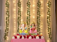 SpecialYou® Diwali Decoration for Home Decor Items with White Back Drop Curtain for Decorations, Green Vines & Light, Deepavali Decoration Items for Festive Decor, Wall Decor Items- 9pcs