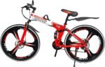 Sunspeed BMV X6 Foldable Cruiser Bicycle | 26-Inch Red & Black Bike with 21-Speed Gears, Dual Disc Brakes, Hydraulic Suspension, and Strong Carbon Steel Frame | Great for Off-Road Adventures, Unisex