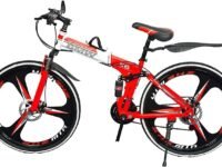 Sunspeed BMV X6 Foldable Cruiser Bicycle | 26-Inch Red & Black Bike with 21-Speed Gears, Dual Disc Brakes, Hydraulic Suspension, and Strong Carbon Steel Frame | Great for Off-Road Adventures, Unisex