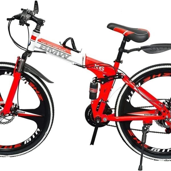 Sunspeed BMV X6 Foldable Cruiser Bicycle | 26-Inch Red & Black Bike with 21-Speed Gears, Dual Disc Brakes, Hydraulic Suspension, and Strong Carbon Steel Frame | Great for Off-Road Adventures, Unisex