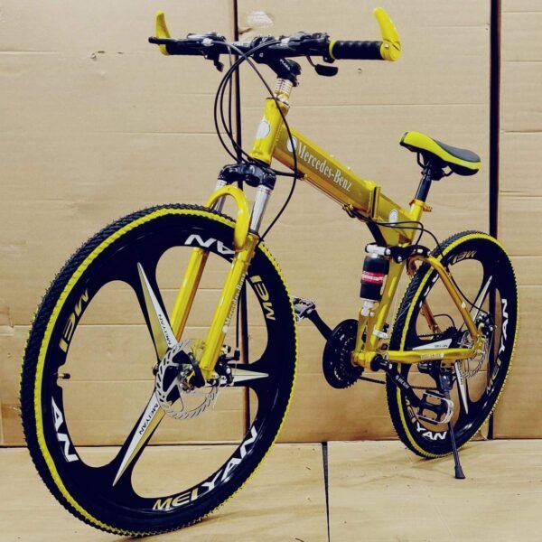 Sunspeed Skyride BMV X6 Foldable Cruiser Bicycle | 21-Speed Gears | Dual Disc Brakes | Dual Hydraulic Suspension | Carbon Steel Frame | 26-Inch City Ride Bike | Yellow