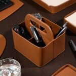 THREE SIXTY Genuine Leather Remote Holder for Living Room | 4-Slot TV Remote Stand for Table | Desk Organiser with Pen Holder | Handcrafted Remote Tray | Gift Box Included - Tan