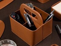 THREE SIXTY Genuine Leather Remote Holder for Living Room | 4-Slot TV Remote Stand for Table | Desk Organiser with Pen Holder | Handcrafted Remote Tray | Gift Box Included - Tan