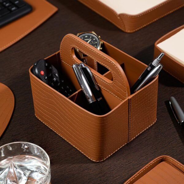 THREE SIXTY Genuine Leather Remote Holder for Living Room | 4-Slot TV Remote Stand for Table | Desk Organiser with Pen Holder | Handcrafted Remote Tray | Gift Box Included - Tan