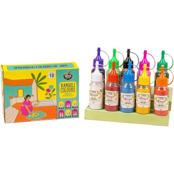 TOTA 10 Rangoli Colour Powder Bottles – Diwali Decoration Item Floor Rangoli Art Colours | Rangoli Color Powder Rang for Navratri Onam Pongal Pooja Mandir – 10 Rangoli Maker Bottles