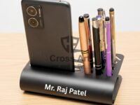 Teak Wood CrossArt Premium Desk Organizer and Phone Stand, Black Metal Multi-Purpose Stationery Holder with Pen Storage Slots, Modern Office Desktop Caddy for Mobile Devices and Writing Tools