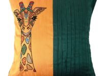 Teal Green & Golden Yellow Dupion Silk Cushion Cover, Hand-Embroidered Giraffe Face Design, Chain Stitch & Kantha Work. Perfect for Home Furnishing, Décor, Gifting, Corporate, and Festive Décor