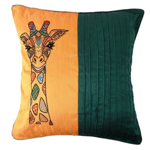Teal Green & Golden Yellow Dupion Silk Cushion Cover, Hand-Embroidered Giraffe Face Design, Chain Stitch & Kantha Work. Perfect for Home Furnishing, Décor, Gifting, Corporate, and Festive Décor