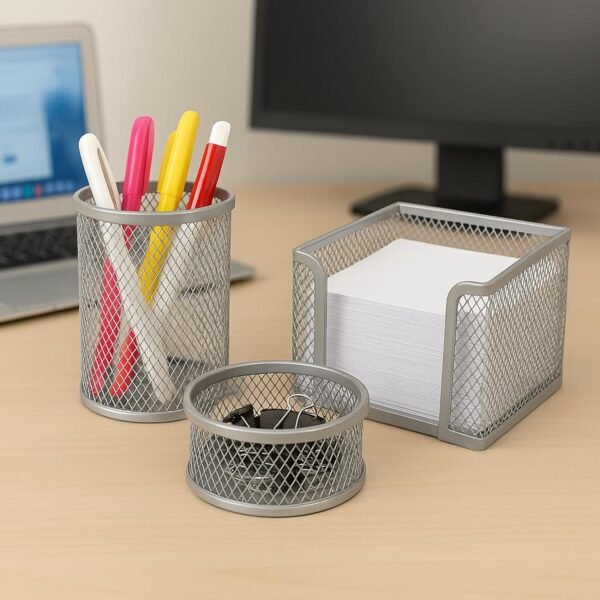 The Better Home Set of 3 Desk Organizers | Metal Mesh Design | Pen Pencil Brush & Clip Holders | Multipurpose Office Supplies Organizer | Table Organizer for Desk | Silver