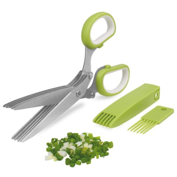 Ttsam Herb Cutter Scissors 5 Blade Scissors Kitchen Multipurpose Cutting Shear With 5 Stainless Steel Blades & Safety Cover & Cleaning Comb Cilantro Scissors (Green