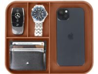 V-CUBE DESIGNS Rectangular Premium Vegan Leather Valet Tray|Stylish & Modern Office Desk Tray| Table/Bedside/Entryway Organiser For Everyday Essentials Like Keys, Phone, Watch, Wallet, Jewellery|Tan