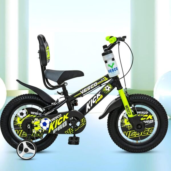 VESCO Kick Pro 14 T Kids Cycle with Balance Wheel & Back Rest Seat/Water Bottle | Rigid Fork, Frame 9 Inch | Ideal for 3 to 5 Years Boys & Girls (Green)