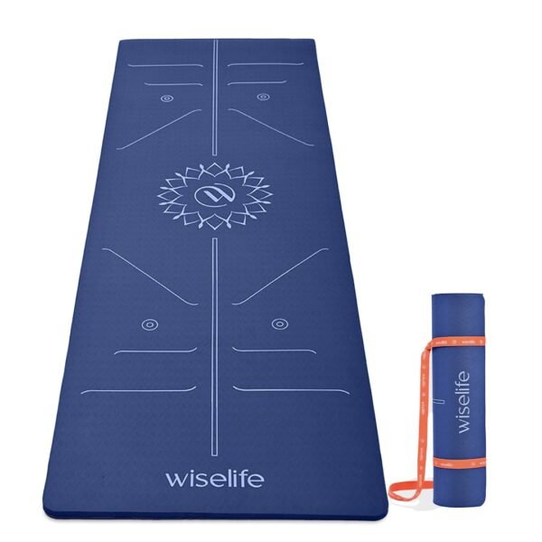 WiseLife TRUE Body Lotus Alignment Yoga Mat + Sleek Yoga Strap for Men & Women | Non-Slip, Extra Wide ECO TPE Exercise Mat for Home, Pilates, Gym & Fitness (Blue 10 mm)