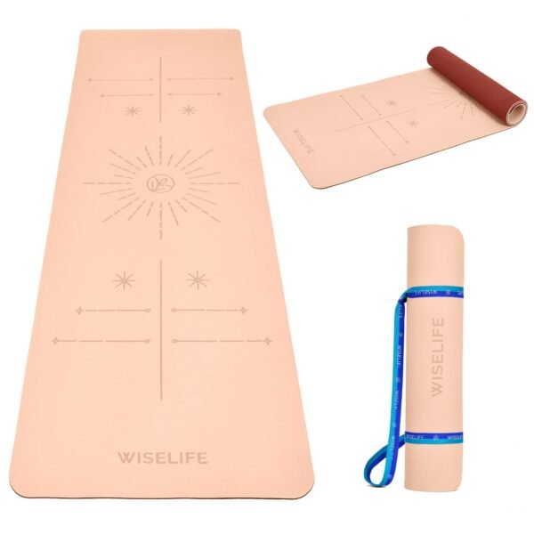 Wiselife Dual Layer TPE Yoga Mat with Alignment Lines + Carry Strap for Women and Men|Non-Slip Textured Extra Wide & Thick|Pro Balance TPE Exercise Mat for Home (6MM,Peach Wine)