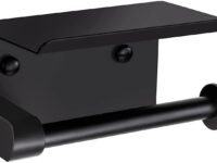 Zollyss Toilet Paper Holder with Shelf, Stainless Steel Wall Mounted Tissue Roll Paper Dispenser Holder, Washroom Bathroom Matte Black Toilet Paper Roll Holde