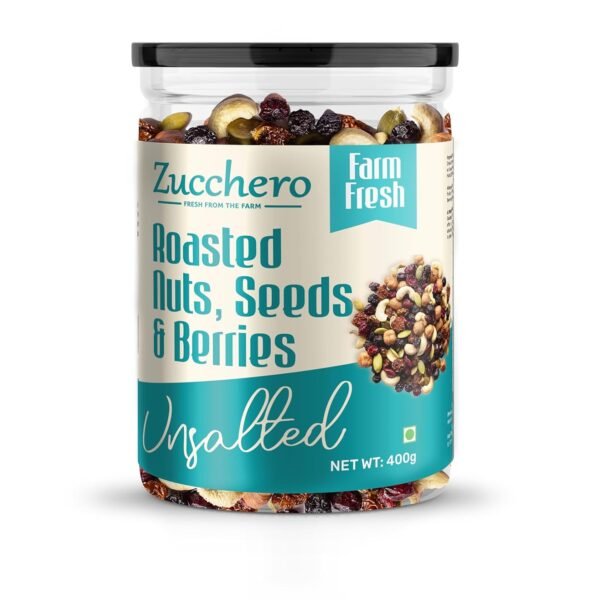 Zucchero Roasted Superfood Trail Mix, 400 Gm (16 in 1: Nuts, Seeds & Berries SuperMix) | Low Calorie Hi-Protein Snack | Premium Health Mix | Ultimate Diet Snack | Super Yummy | | Super Crunchy | Oil-Free Roasting | Zero Added Salt