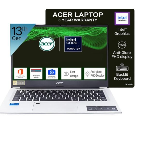 acer Professional 14[New Launch], 13th Gen Intel Core i7-1355U Turbo Boost, 32GB DDR4, 1TB SSD, Win11 Pro, MSO21, 14inch FHD Laptop, 3 Year Warranty, 1 Year Anti Virus, Fingerprint, Backlit KB