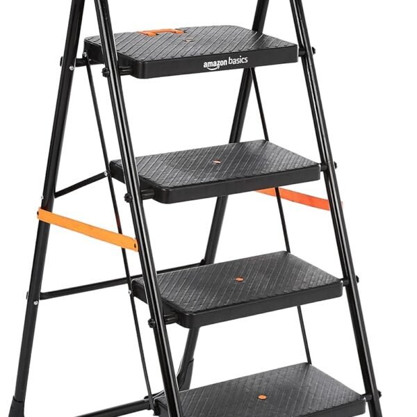 amazon basics Clamber - Foldable Step Ladder, Safety-Clutch Lock, Ribbed Steps, Knee Guard, Non-Marring PVC Shoes, 4 Steps (Steel, Black & Orange)