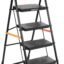 amazon basics Clamber - Foldable Step Ladder, Safety-Clutch Lock, Ribbed Steps, Knee Guard, Non-Marring PVC Shoes, 4 Steps (Steel, Black & Orange)