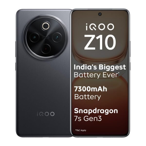 iQOO Z10 5G (Stellar Black, 8GB RAM, 128GB Storage) | India's Biggest Ever 7300 mAh Battery | Snapdragon 7s Gen 3 Processor | Brightest Quad Curved AMOLED Display in the Segment
