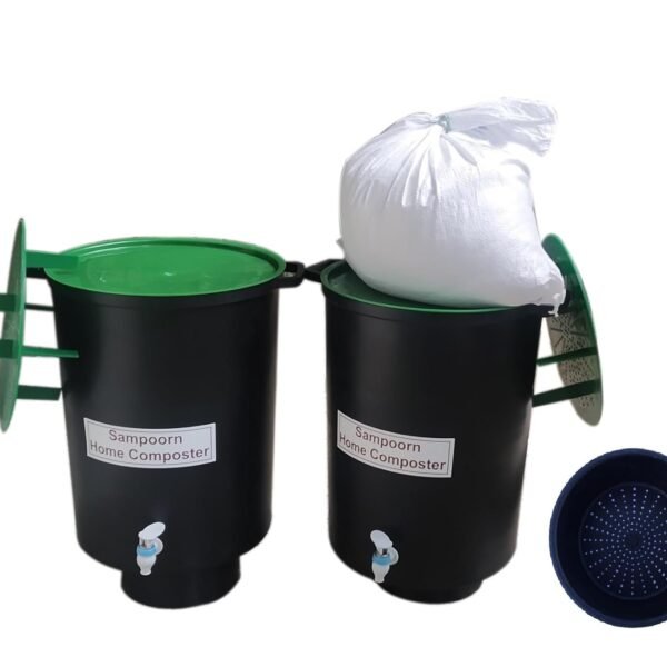 is an Aerobic Composting Kit (Two 35 Litre Compost Bins Made of Weather Resistant PPCP with Sieve, Green Lids And Accessories)